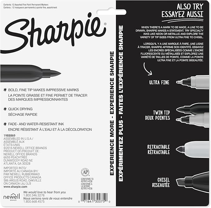 Sharpie Permanent Markers, Fine Tip, 12 Count - Quick Drying, Fade Resistant, Arts & Crafts, Desk, Office Supplies