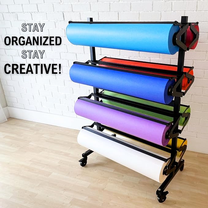 8 Rack Paper Roll Holder Dispenser & Cutter for 36 inch Butcher Craft Rolls | Horizontal Rolling Stand Stores Kraft and Classroom Bulletin Board Supplies