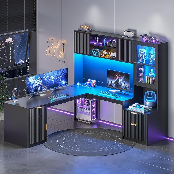 SEDETA 67" x 65" L Shaped Desk with Hutch, RGB LED Corner Computer Desk with Power Outlets, Fluted Home Office Desk with File Drawer, Storage & Glass Display Cabinets for Gaming & Working, Black