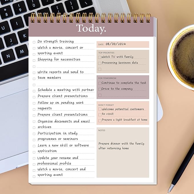 To Do List Notepad, Daily Planner, 6.5" x 9.8" | 104 Pgs, Undated 52 Duplex-Printed Sheets, Waterproof Cover,Double Spiral, Checklist Notepad, Office School Oraganized