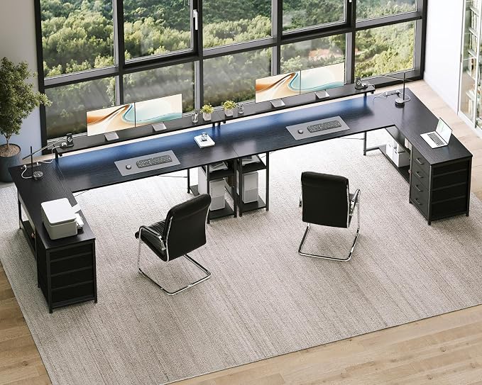 AODK 69" L Shaped Computer Desk with 4 Drawers, LED Lights, Black | Power Outlets, Adjustable Monitor Stand, Open Storage Shelves, Reversible Layout for Gaming and Home Office
