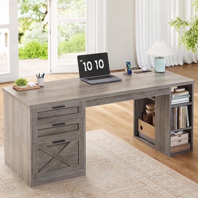 SEDETA 55.1" Farmhouse Office Desk with 3 Drawers for Home Office,Grey | Executive Computer Desk with File Drawer & Storage Shelves, Home Office Desk with Power Outlet for Home Office