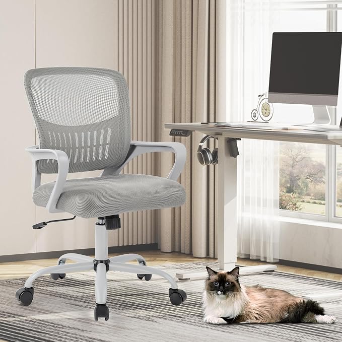 Sweetcrispy Computer Desk Chair, Mesh Office Chair, Lumbar Support, Grey | Ergonomic Mid-Back, Adjustable Height, 360° Swivel Wheels, Comfy Arms, Bedroom Study, Managerial Executive