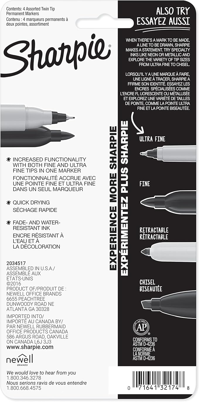 Sharpie Twin Tip Permanent Markers, Fine and Ultra Fine, Black, 4 Count