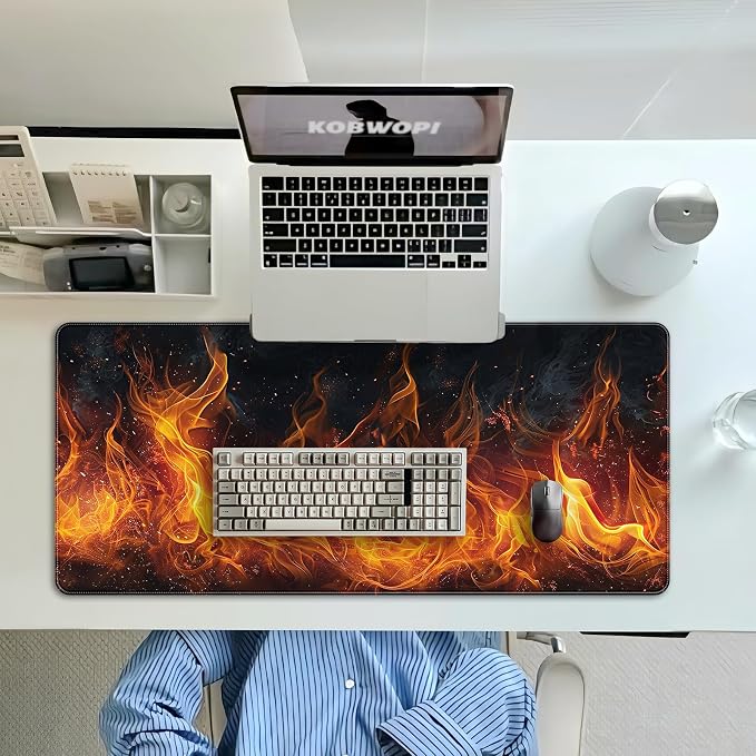 35.4 x 15.7 in, XXL Large Mouse Pad for Desk, Extended Keyboard Mouse Mat for Computer Office, Big Mousepad with Stitched Edges, Gaming Pc-Flame on Black