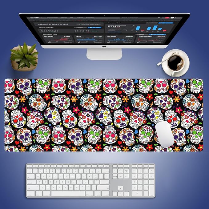 Sugar Skull Vibrant Floral Large Mouse Pad, Day of The Dead Black Desk Mat | Vintage Dia De Los Muertos Seamless Design, Calavera, Mexican Folk Art Halloween, 31.5" x 11.8", XXL Stitched, Anti-Slip