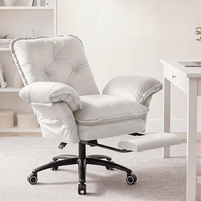 Criss Cross Office Chair with Flip Arms & Footrest, Comfy Desk Chair,Beige | Cross Legged Office Chair, Wide Seat Reclining Desk Chair with Wheels, Vanity Chair with Pocket Spring Seat and Side Pockets