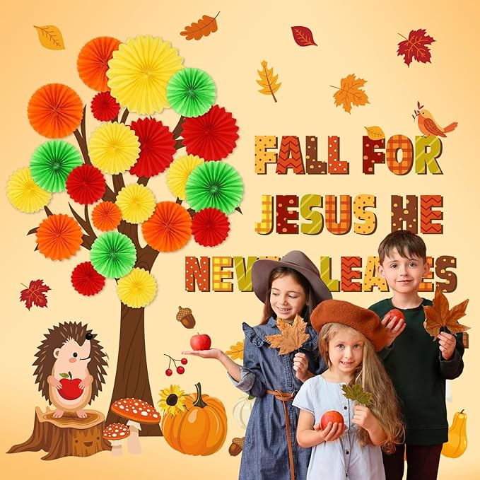 81 Pcs Fall for Jesus He Never Leaves Bulletin Board Set Thanksgiving Tree Bulletin Board Decorations for Classroom 3D DIY Paper Fans Religious Cross Wall Decor Thanksgiving Hedgehog Cutouts