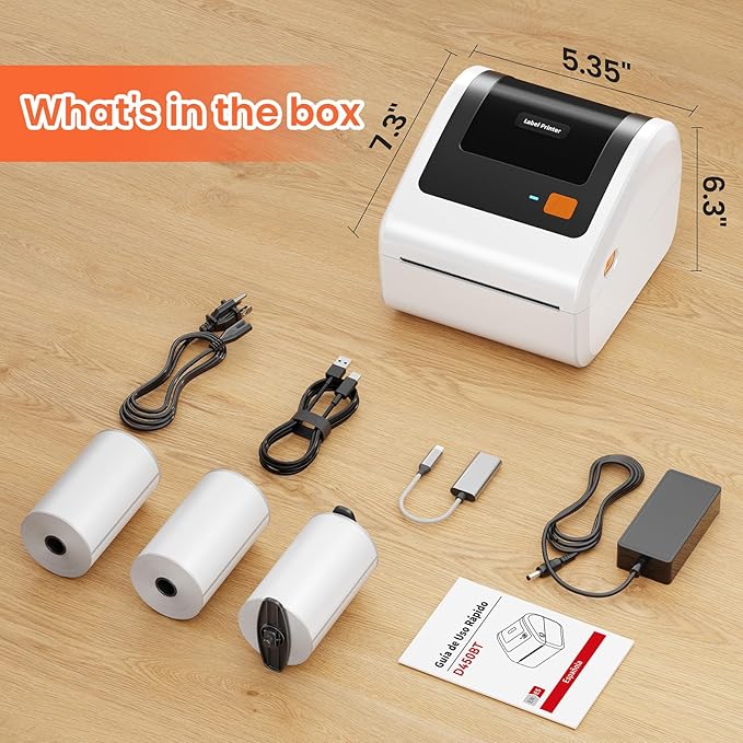 Bluetooth Shipping Label Printer with 1 Roll Labels - D520BT Thermal Label Printer, Thermal Printers with Built-in Label Holder, Come with 500PCS 4x6 White Labels (500 Labels/Roll)