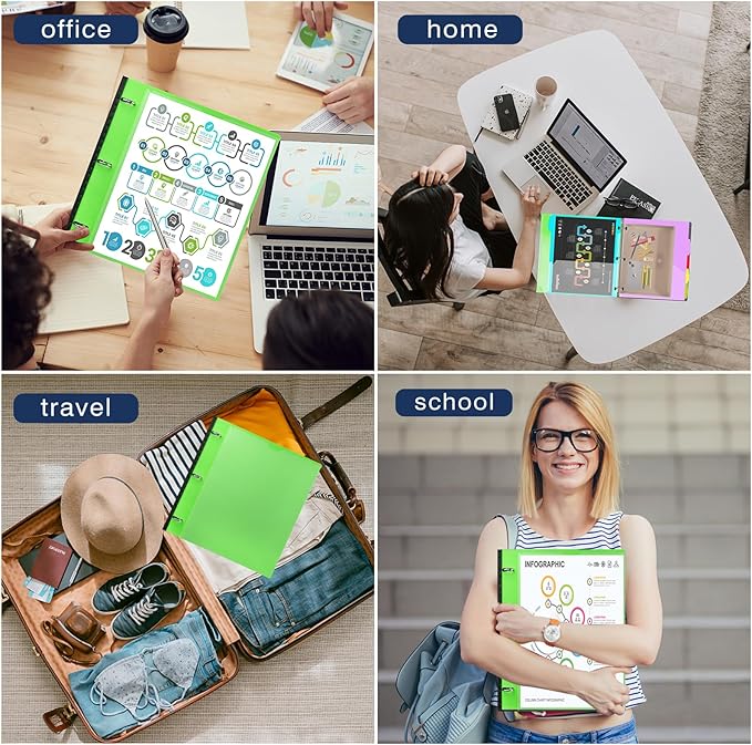 INFUN 1 Inch Telescoping Project Organizer Binder-2PCS,13 Pocket, Customizable Front Cover, 5 Colors Pocket Divider and Plastic Binder Pocket,225 Sheet Capacity-Green