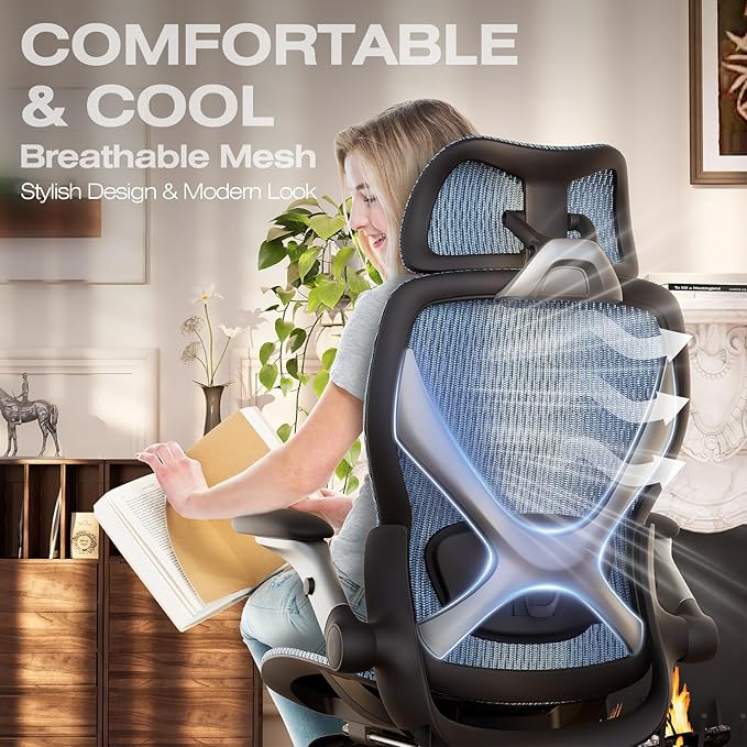 X100 Ergonomic Mesh Office Chair with Footrest, Big and Tall Home Desk Chair with 5D Flip-Up Arms, Adjustable 3D Lumbar Support, Gaming & Executive Computer Chair (Oaxaca Blue)