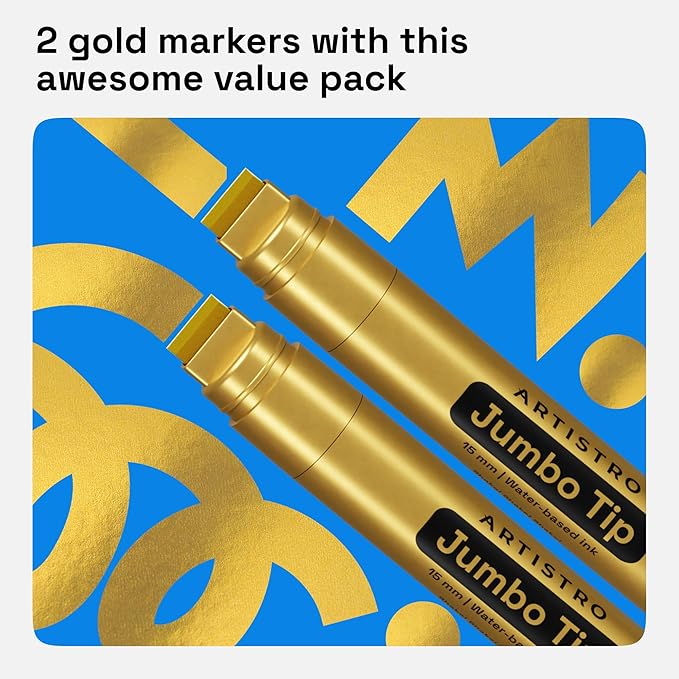 ARTISTRO Gold Acrylic Paint Markers - 15mm Jumbo-Tip - Set of 2 | Paint Pens, Perfect for Crafting, Art Projects, & More
