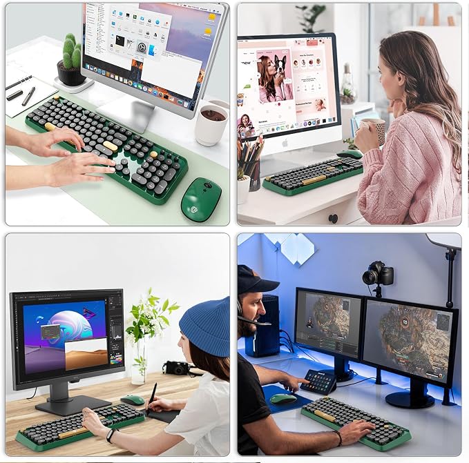 Wireless Keyboard and Mouse | Cute Colorful Keyboard and Mouse with 2.4GHz Cordless Retro Typewriter Keyboard | Auto-Sleep | USB Receiver for Windows PC/Laptop - Green Colorful