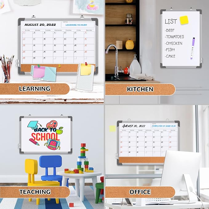 Monthly Calendar Whiteboard for Wall, Dry Erase Board with Cork Board Combo | 17"x13" Small Magnetic White Board, Double-Sided Hanging Board for Office Home, Portable Board for Planner Memo