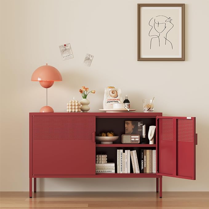 Metal Storage Cabinet,2 Door TV Stand, Metal Mesh Accent Cabinet | Magnetic Door Closure,Low Storage Cabinets with Doors and Shelf for Home,Office,Living Room