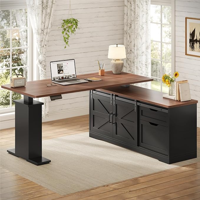 SEDETA Farmhouse 55 inch L Shaped Standing Desk with Storage Drawers | Height Adjustable Corner Computer Desk with Power Outlets, Sliding Bar Door for Home Office, Black