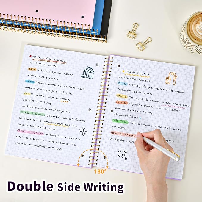 Spiral Notebook Graph Ruled Paper 8" x 10 1/2", 1 Subject Spiral Grid Notebook 3-Hole Punched Perforated Page Ideal for School, Office, Writing, 95 Sheets Lined Journaling Graphing Notebook, Purple