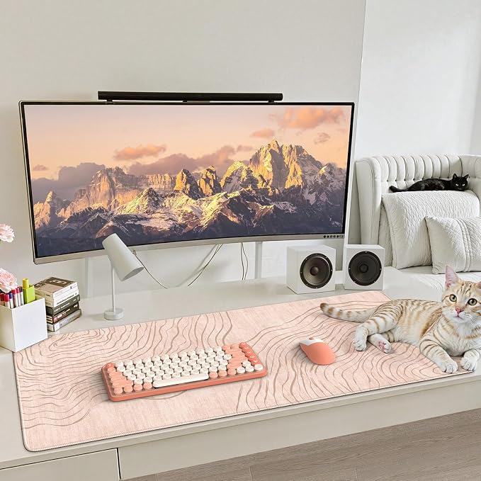 iCasso Big Mouse Pad,Aesthetic Desk Cover Mat for Desktop,Beige | Anti-Slip Computer Mat with Stitched Edges,Cute Keyboard Mat for Women,Extended Long Desk Protector for Office Home