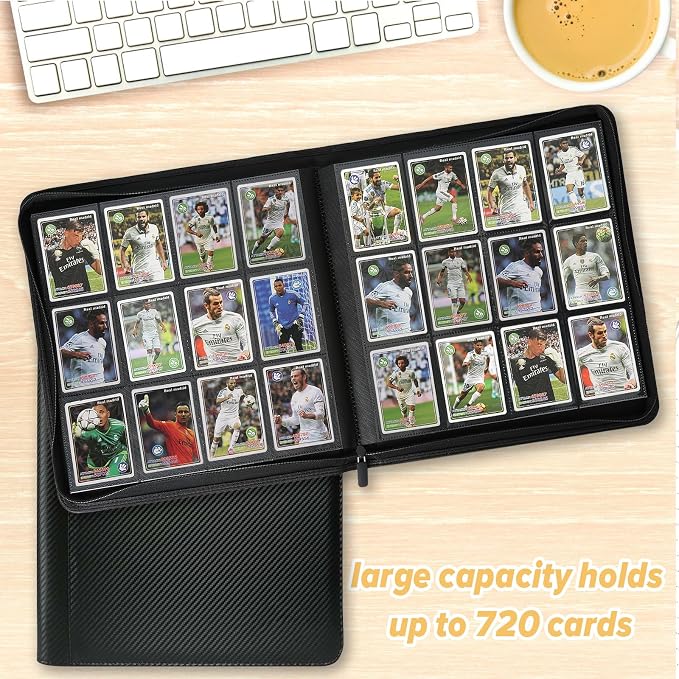 12 Pocket Ringless Side Loading Trading Card Binder, 720 Cards PU Fixed Page Zipper Card Album for TCG Sports Game Cards, Not Fit Top Loaders (Carbon Black)