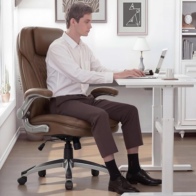 COLAMY Executive Office Chair-Ergonomic Computer Desk Chair, High Back Leather Chair with Padded Flip-up Arms, Swivel Home Office Chair Upgraded Caster, Brown