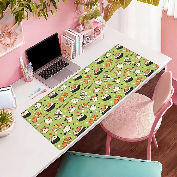 Sushi Cat Green Extended Mouse Pad 31.5x11.8in, Cute Food Pattern Large Desk Mat with Non-Slip Rubber Base, Big Mousepad for Laptop Computer PC, Gaming Office Home Decor, Deskmat Gifts