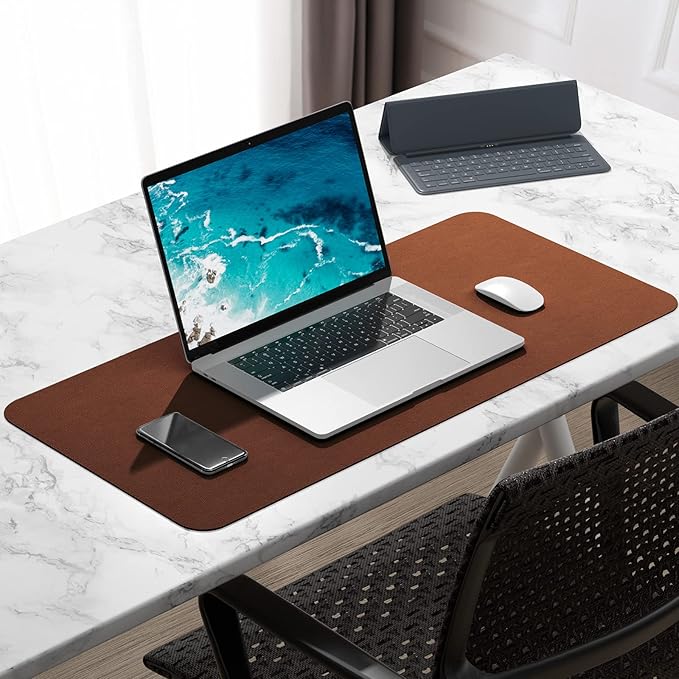 Hsurbtra Desk Pad, 30" x 14" Dual Side PU Leather Desk Mat, Waterproof Non-Slip Desktop Blotter Protector, Large Mouse Pad for Laptop Keyboard Office Home, Brown & Grey
