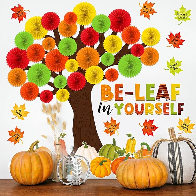 81 Pcs Fall Thanksgiving Tree Bulletin Board for Classroom Be Leaf in Yourself Thanksgiving Tree Bulletin Board Decorations 3D DIY Paper Fans Pumpkin Cutouts Autumn School Home Wall Decor