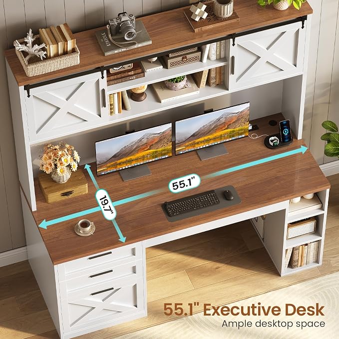SEDETA 55.1" Farmhouse Desk with Hutch & 3 Storage Drawers | Executive Computer Desk with Storage Cabinet and Shelves, Home Office Desk with power outlet & LED Lights,White and Brown