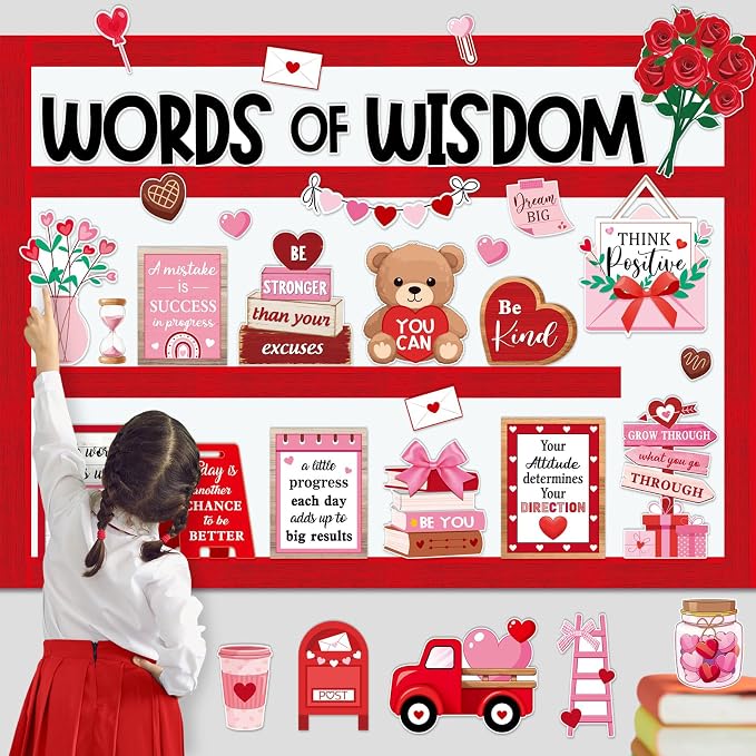 Mooliwe 57 Pcs Valentine’s Day Bulletin Board Cutouts Classroom Decor | Motivational Quotes Cards, Heart Envelope Designs, Flowers Truck Teddy Bear Cutouts, Classroom Wall Door Window Decor