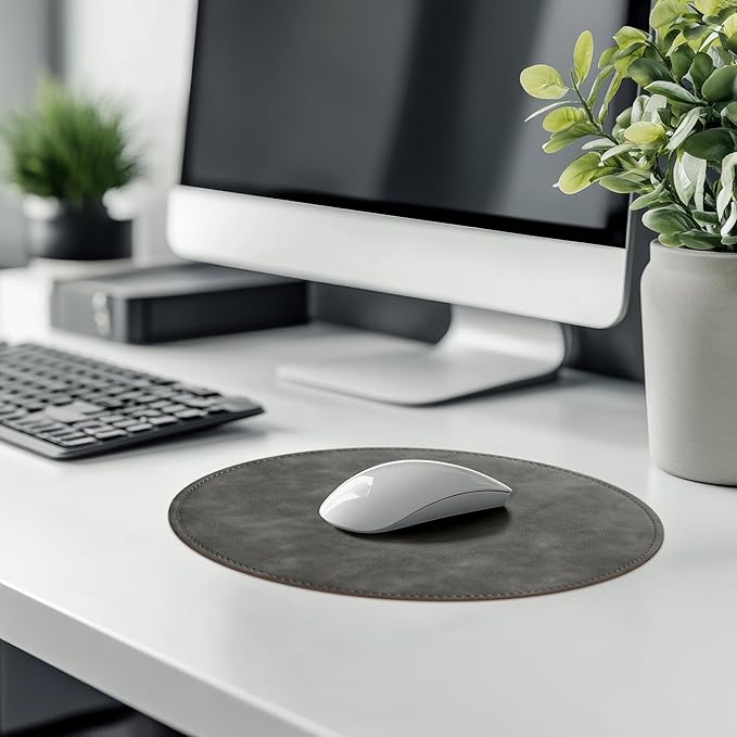 Mouse Pad,Round Mouse Pad,PU Mouse Pad,Leather Mouse Pad with Stitched Edge Micro-Fiber Base with Non-Slip Waterproof,Mouse Pad for Computers,Laptop,9 x 9 Inch (Gray)