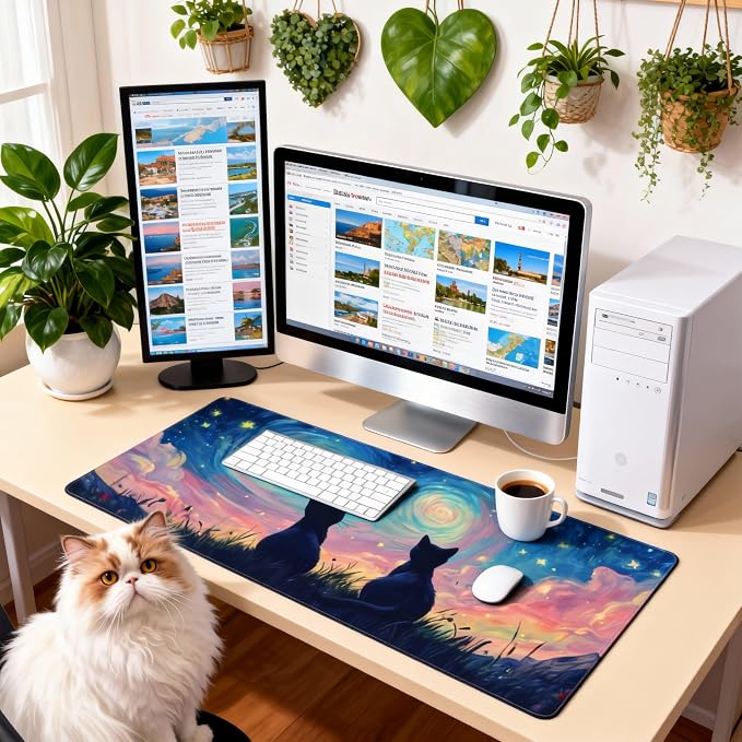 Cute Anime Black Cat Gaming Mouse Pad, Colorful Van Gogh Desk Mat with Anti-Slip Base & Stitched Edges,35.4" x 15.7" in Desk Accessories for Women, Home Office Decor & Artistic Gift