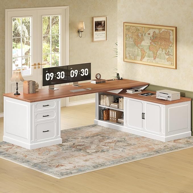 SEDETA Farmhouse L Shaped Desk with Drawers, 70.9" Home Office Desk with Storage Cabinet and Storage Shelves, L Shaped Computer Desk with Power Outlet,White+Brown