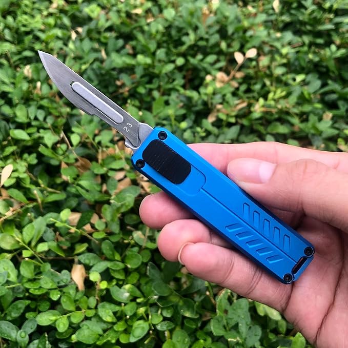 Automatic Utility Knife, Safety Black Box Cutter Retractable, EDC Push Button Knife, Exacto Scalpel Knife, 10PCS #23 Razor Blades Pocket Knife with Clip (Blue)