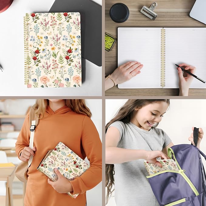 Cute Spiral Notebook journal A4 Aesthetic Pretty Design for Women Girls Kawaii with Pocket, 8.5 x 11 inch, Lined, Plant Flower