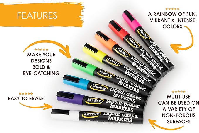 Bandle B. Chalk Markers - 8 Vintage, Erasable, Non-Toxic, Water-Based, Reversible Tips. For Glass or Chalkboard Markers for Businesses, Restaurants, Liquid Drawing Chalk (Vintage/Pastel 6mm)