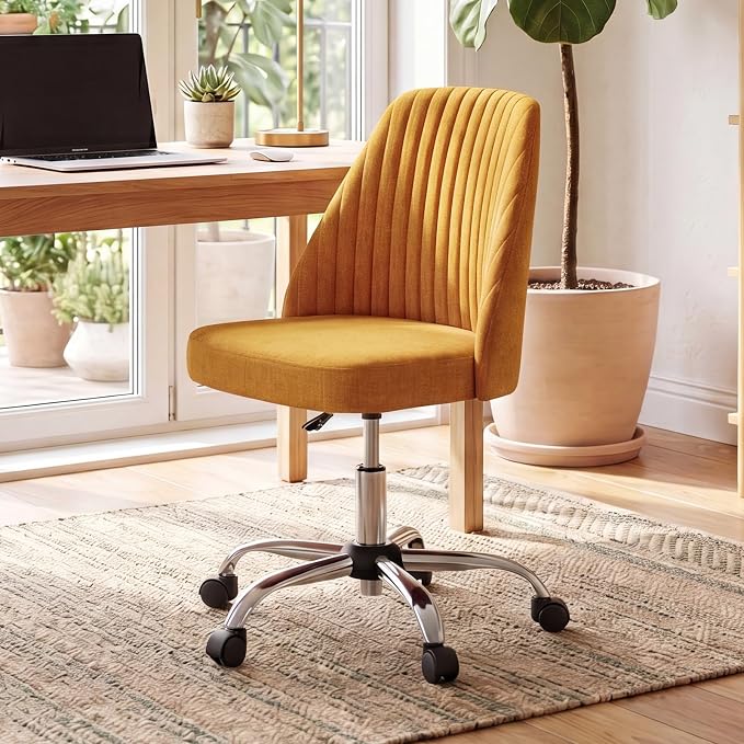 DUMOS Comfy Office Desk Chair, Armless Computer Vanity Chair | Height Adjustable, 360ยฐ Rolling Swivel Task with Wheels, Wide Seat, Cute, Home Bedroom, Student, Adults, Dark Yellow