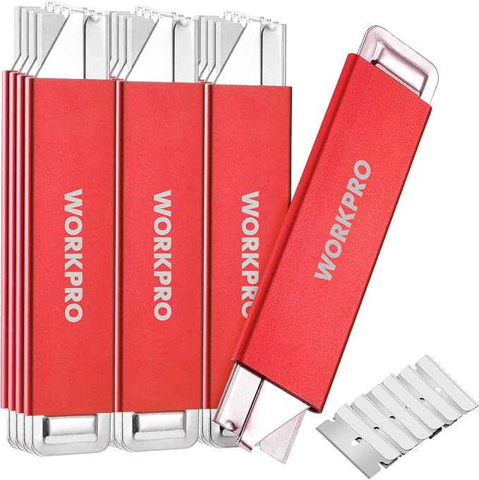 WORKPRO 12-Pack Box Cutter Retractable, Red | Utility Knife with Single Edge Razor Blade - Razor Knife Box Opener Cardboard Cutter with Metal Sheathes