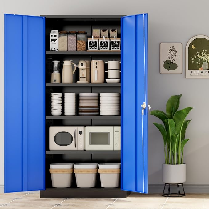 Metal Storage Cabinet,72" Steel Lockable File Cabinet with Locking Doors and Adjustable Shelves,Locking Tool Cabinets for Office,Home,Garage,Gym,School (Black Blue)