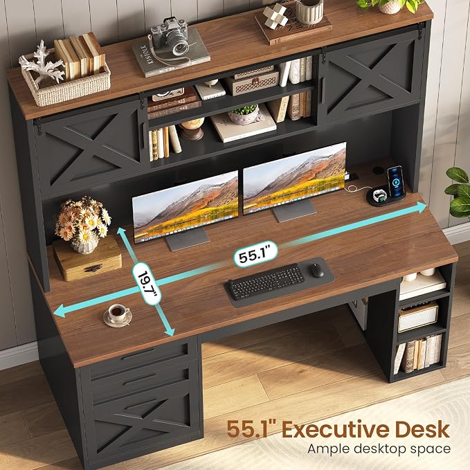 SEDETA 55.1" Farmhouse Desk with Hutch & 3 Storage Drawers | Executive Computer Desk with Storage Cabinet and Shelves, Home Office Desk with power outlet & LED Lights, Black and Brown