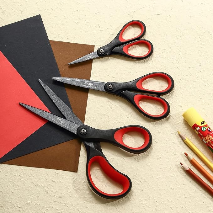 LIVINGO 3 Pack Scissors Set All Purpose - Titanium Coated Office Shears | Nonstick Stainless Steel Blades, Comfort Grip Handles, Paper Fabric Cardboard Cutting, Home School Sewing Craft Tool