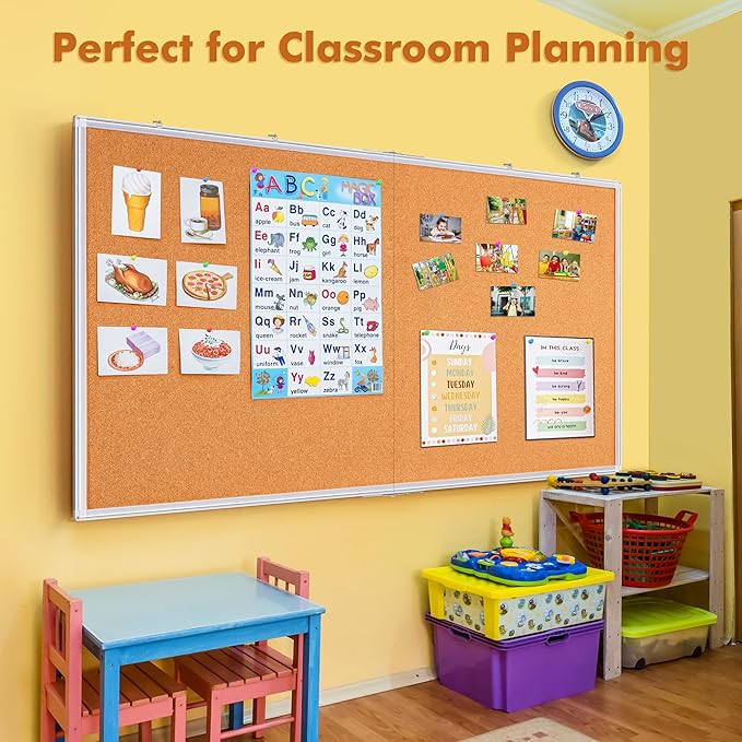Maxtek Cork Board 72 x 48 in, Large Bulletin Board for Wall Aluminum Framed | 6'X 4' Corkboard Foldable Wall Mount Design, Pin Memo Notice Board for Office, Home, School, and Wall Display, Silver