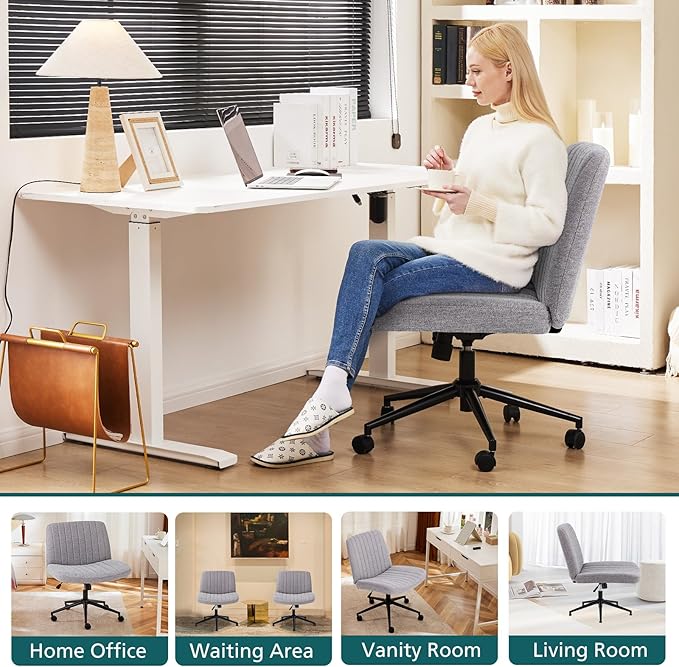 OLIXIS Criss Cross Chair with Wheels, Vanity Chair, Home Office Desk | Wide Seat Armless, Comfy Fabric, Height Adjustable Swivel Rolling, Home Computer Task Seating for Bedroom Study, Grey Fabric