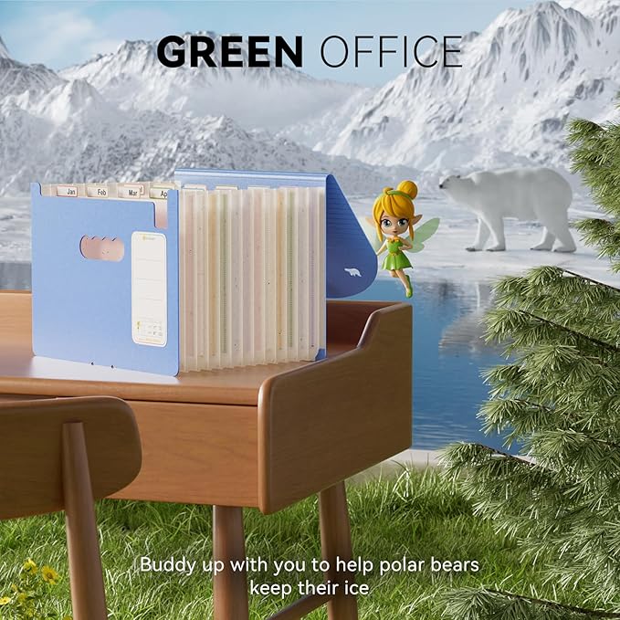 12-Pocket Wheat Straw Expanding File Folder, Adorable Polar Bear Cut-Out, Portable Monthly Bill & Tax Receipt Organizer, Letter/A4 Size -UN Blue Polar Bear