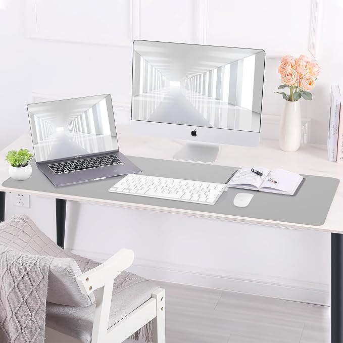 AFIING Cork Desk Mat, 35.4" x 17", Light Grey,Desk pad Protector | Dual-Sided Cork & PU Leather, Large Mouse Pad, Non-Slip & Waterproof