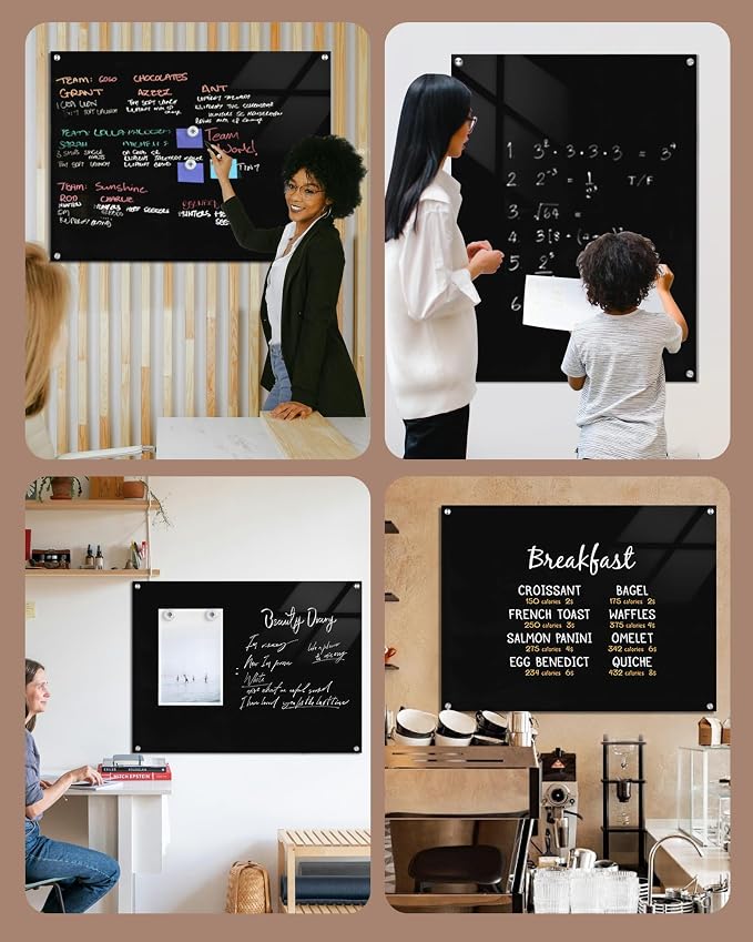 Mifuro Magnetic Glass Whiteboard,48"x36" Wall Mounted Frameless Dry Erase Board for Office, Home & School Black