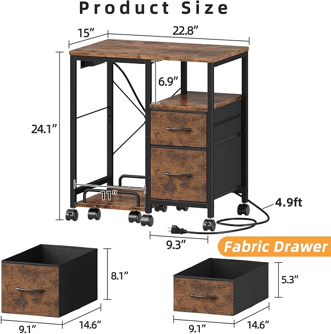 YAOHUOO Printer Stand with Power Outlet/Drawers, Printer and Shredder Stand | 22.8"x15"Top,Printer Desk with Storage Shelf,Rolling Table Cart with Lockable Wheels&Feet,Home Office,Rustic Brown