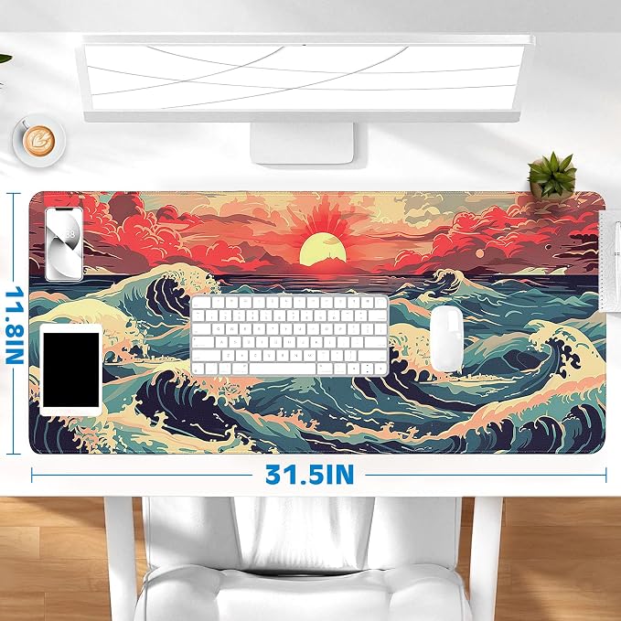 Gaming Desk Mat with Silky Smooth Surface & Exquisite Patterns,31.5x11.8 Inches Large-Sized Mouse Pad, Perfect for Extended Gaming,Work,and Home Office Decor (Japanese Waves 1)