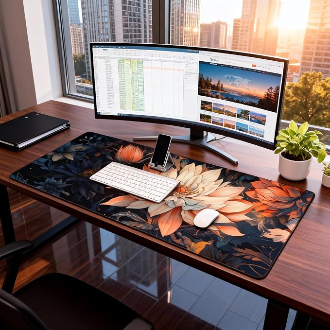 Floral Aesthetic Lotus Gaming Mouse Pad, Blue Pink Japanese Desk Mat with Anti-Slip Base & Stitched Edges, Office Supplies & Desk Decor for Women, 35.4" x 15.7" in Home Office Essentials