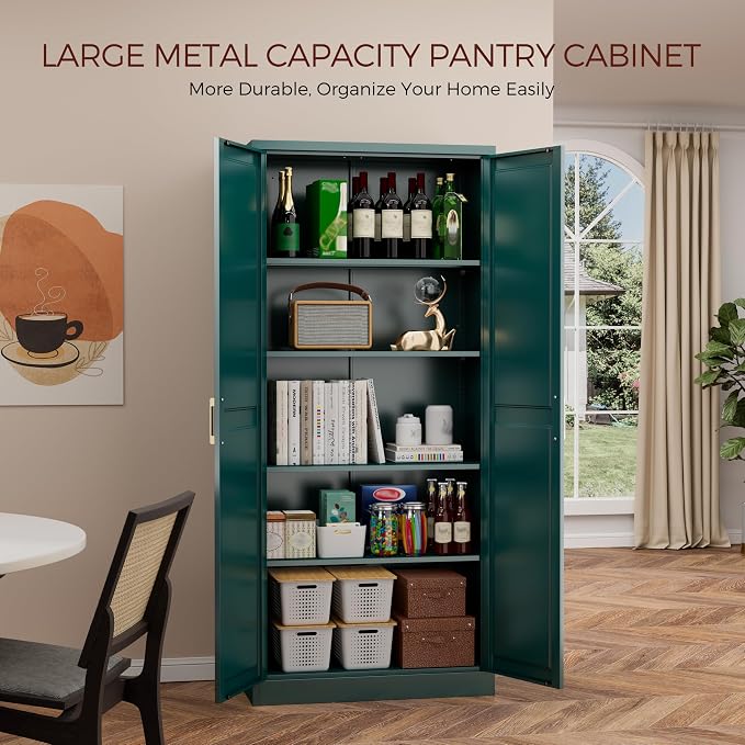 71" Tall Metal Kitchen Pantry Cabinet, Storage Cabinet with Doors | Kitchen Cabinet with 4 Adjustable Shelves, Tall Food Pantry Cabinet, Green Cupboard for Kitchen, Dining Room, Garage & Office