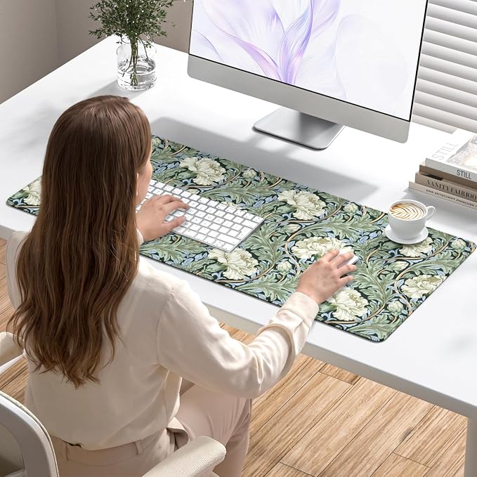 Desk Mat, Large Gaming Mouse Pad, 32" x 12", White Retro Floral | Waterproof Desk Pad, Non-Slip Rubber Base, Desktop Mat with Stitched Edges, Desk Accessories for Office, Work, Home